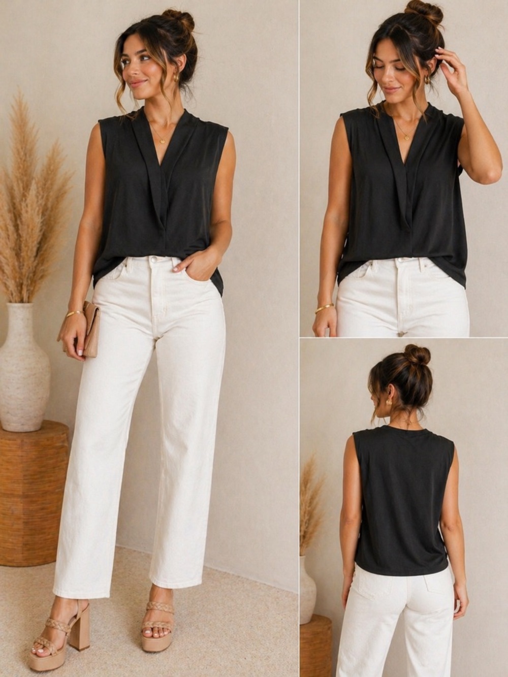 Tahari Black Ribbed Neckline Blouse